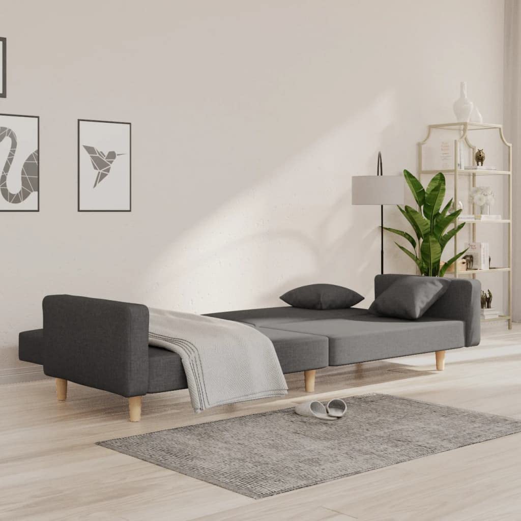 vidaXL 2-Seater Dark Gray Fabric Sofa Bed - Convertible Loveseat with Pillows for Living Room, Dorm, Apartment, Modern Design Sleeper Couch