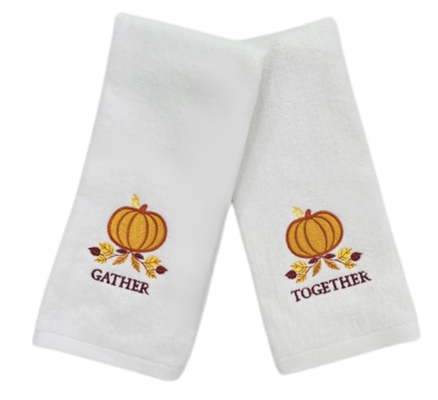 Fall Bath Hand Towels: Ivory Cotton Towels with Pumpkin and Leaf Embroidery for Home Bathroom D  cor and Everyday, 2 Piece Set, 