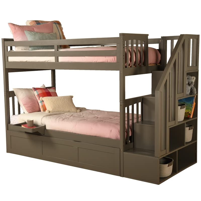 Kodiak Furniture Kelcie Twin/Twin Wood Bunk Bed with Trundle and Tray in Dark Gray