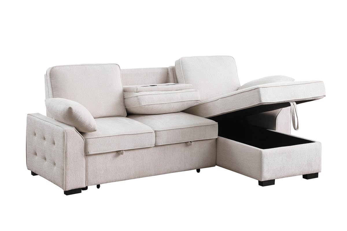 Mackenzie 91W Beige Chenille Fabric Reversible Sleeper Sectional with Storage Chaise, Drop-Down Table, Cup Holders and Charging 
