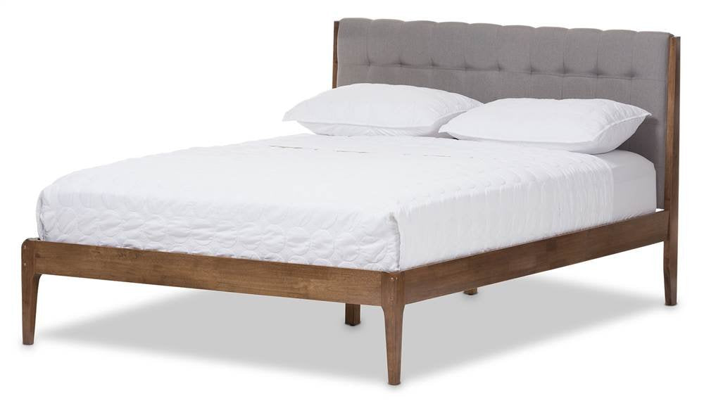 Baxton Studio Clifford Mid-Century Light Grey Fabric and Medium Brown Finish Wood Full Size Platform Bed