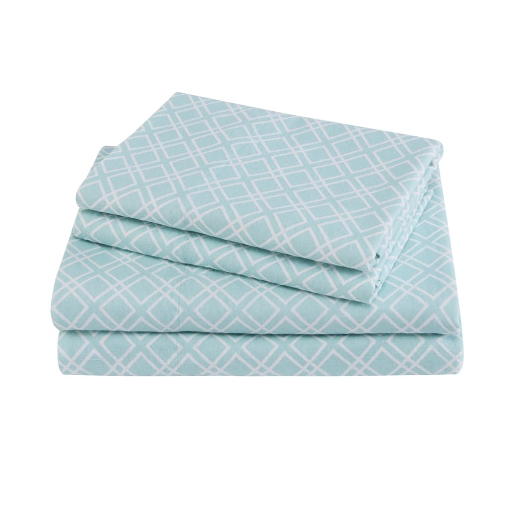 Comfort Spaces Cotton Flannel Breathable Warm Deep Pocket Sheets with Pillow Case Bedding, King, Aqua Geo 4 Piece