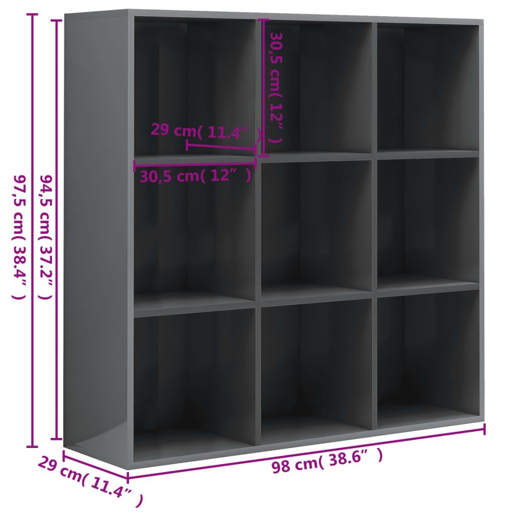vidaXL High Gloss Gray Book Cabinet with 9 Compartments - Thumbnail 3