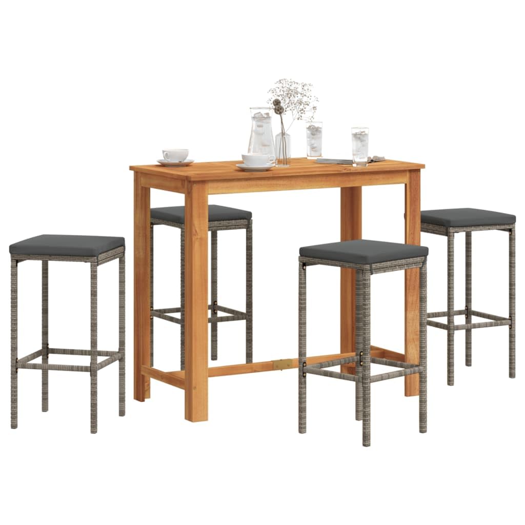 vidaXL 5-Piece Patio Bar Set - Gray Poly Rattan and Solid Acacia Wood, Contemporary Outdoor Furniture with Cushions, Grey, 3295284