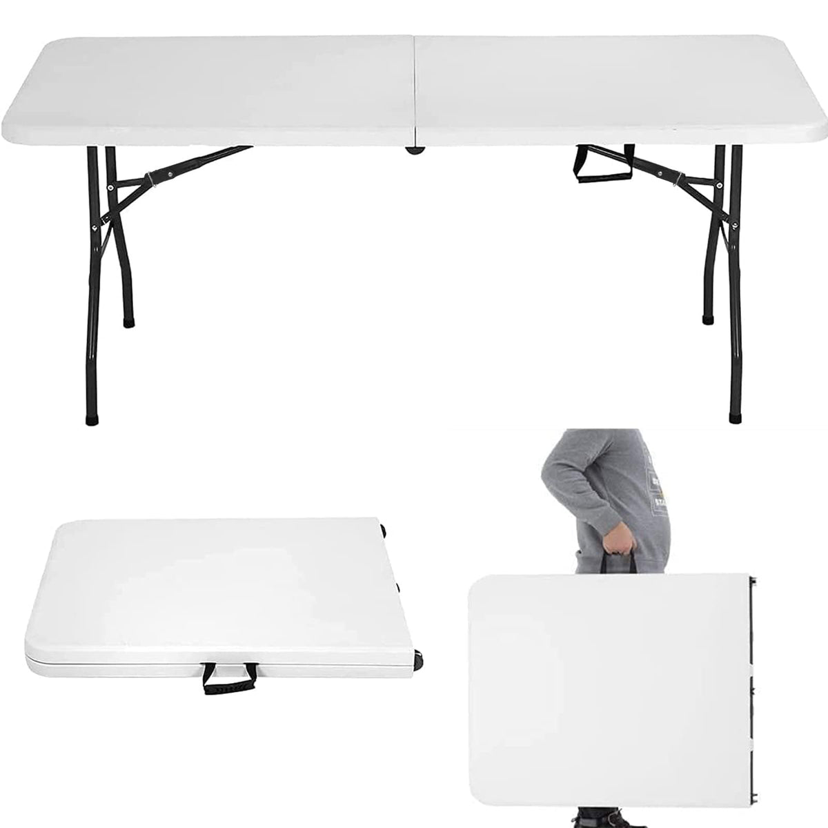 HKLGorg 6 Ft Heavy Duty Working Indoor Outdoor Plastic Folding Utility Party Dining Table Easy to Assemble with Lock Function Wh