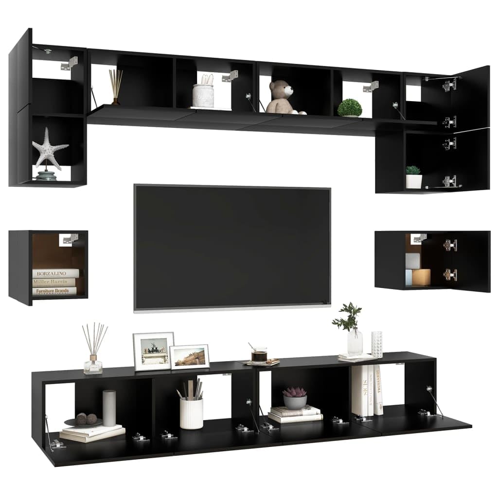 vidaXL TV Cabinet Set 8 Piece Home Indoor Living Room Hanging Wall-Mounted Stereo Plasma HiFi Cabinet TV Stand Unit Furniture Black Engineered Wood