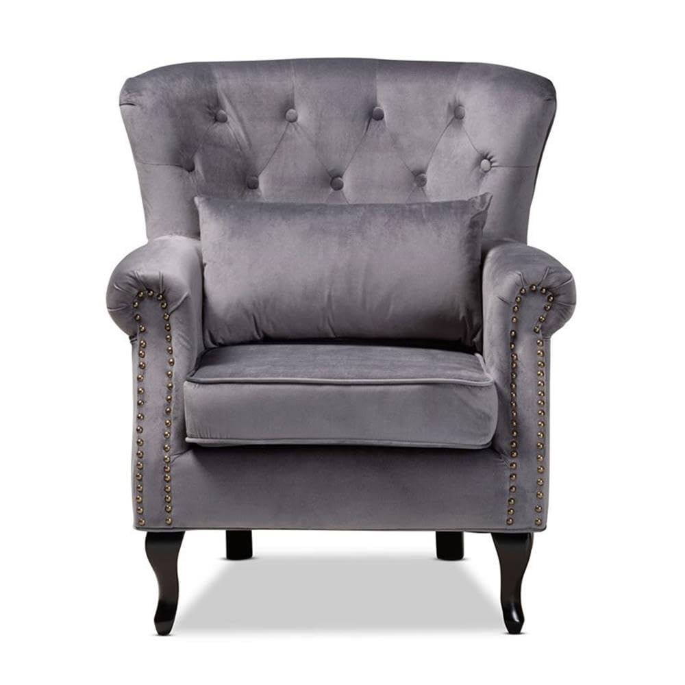 Baxton Studio Fletcher Classic and Traditional Grey Velvet Fabric Upholstered and Dark Brown Finished Wood Armchair