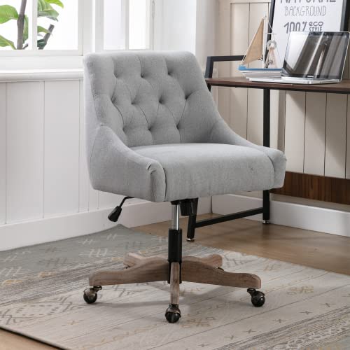 Swivel Home Office Chair, Modern Fabric Upholstered Tufted Accent Computer Desk Chair With Ergonomic Wide Backrest And Wooden Le