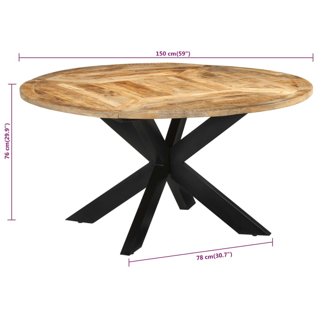 vidaXL Solid Mango Wood Round Dining Table - 59.1" Diameter with Iron Frame for Kitchen, Living Area, Brown