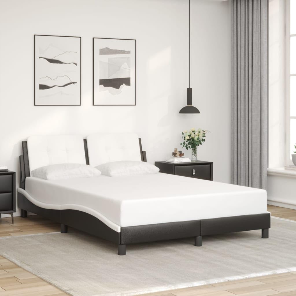 vidaXL Full Faux Leather Bed Frame with Headboard - Black/White - 53.9x74.8 - Modern Waved Design - Plywood Slats & Foam Headboard