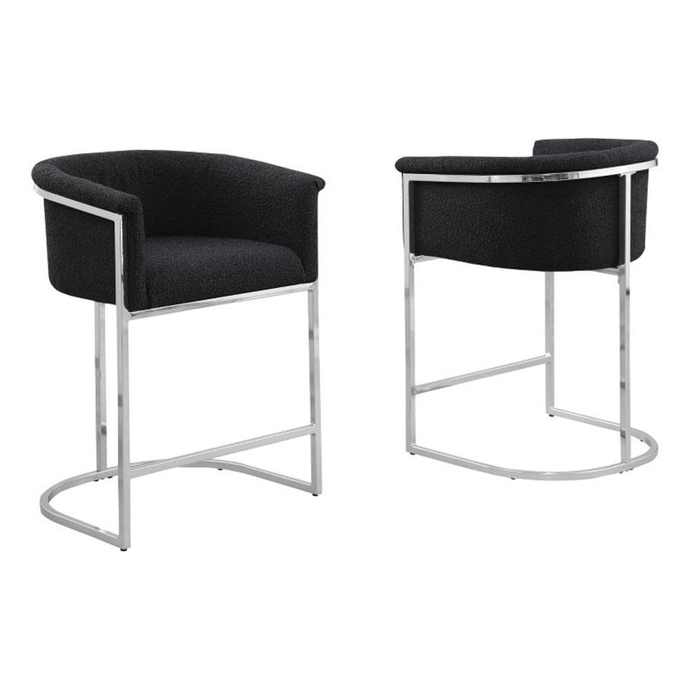 Best Quality Furniture Set Of 2 Modern Boucle Fabric Accent Counter Height Stools - Barrel Design, Chrome Legs, Black, Silver Leg Finish