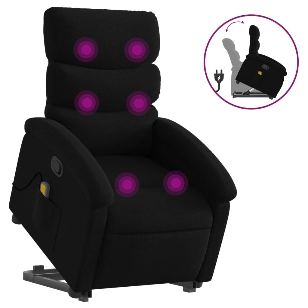 vidaXL Power Lift Armchair - Black Fabric Manual Recline Wingback Seating with Stand-Up Motor and Massage