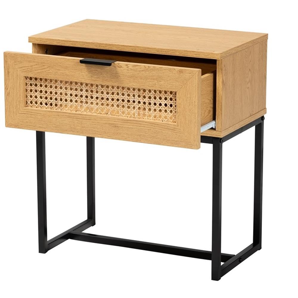 Baxton Studio Sawyer Brown Wood and Black Metal 1-Drawer End Table with Rattan