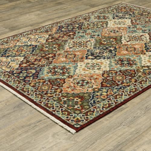 HomeRoots 509272 6 x 9 ft. Red Rust Navy Light Blue Brown Orange Ivory & Gold Oriental Power Loom Stain Resistant Rectangle Area Rug with Fringe