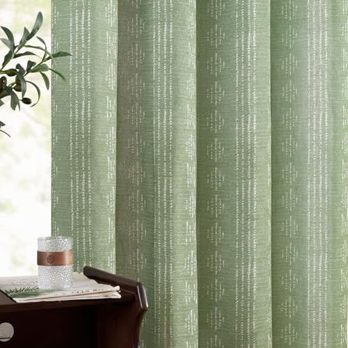Jinchan Boho Curtains Linen Blend Curtains For Living Room Farmhouse Sage Green Curtains 90 Inches Long For Bedroom Semi Sheer Striped Printed Light Filtering Grommet Curtains 2 Panels Set