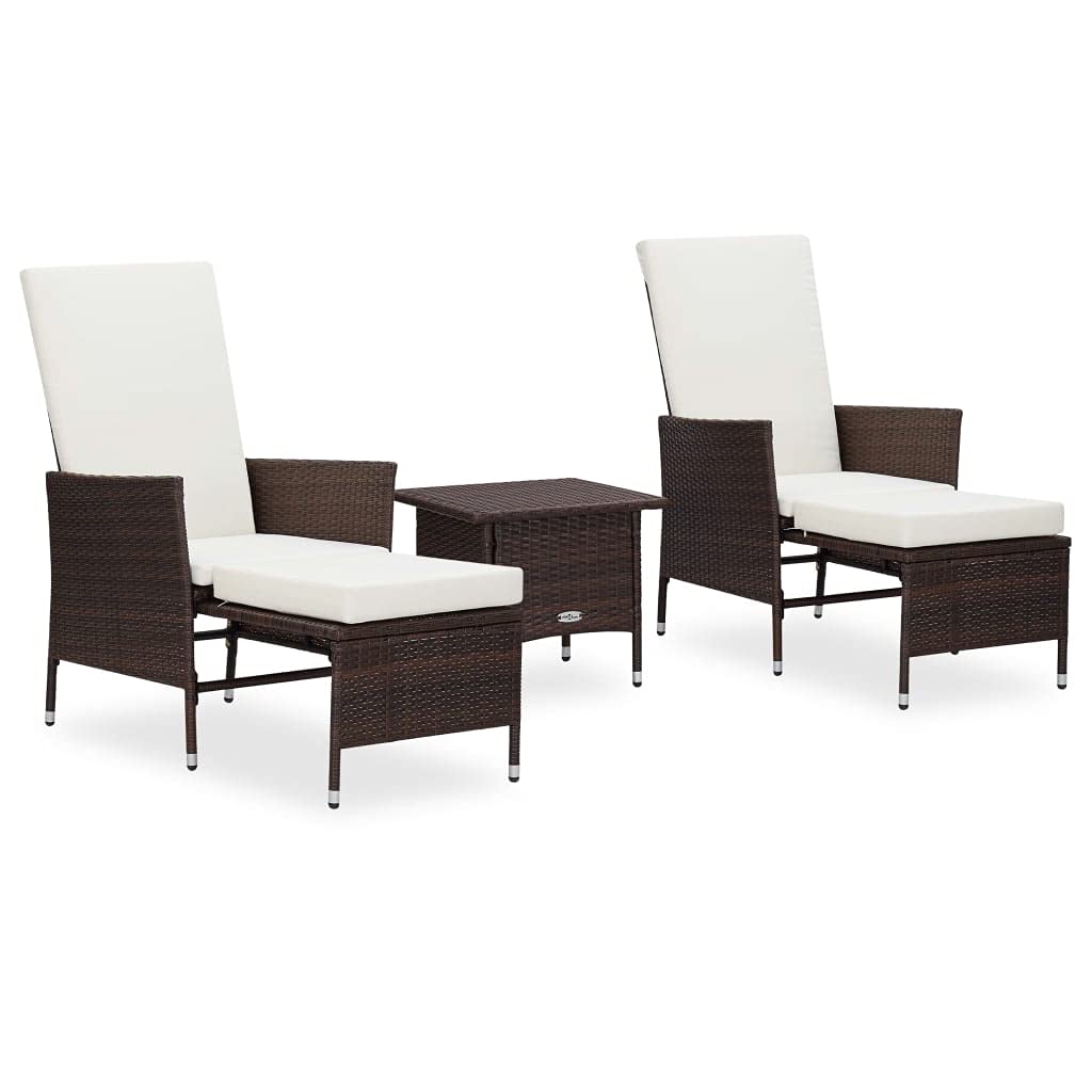 vidaXL 3 Piece Patio Lounge Set - Poly Rattan Garden Furniture with Cushions, Outdoor Seating, Relaxation Chairs and Tea Table in Brown and Cream White