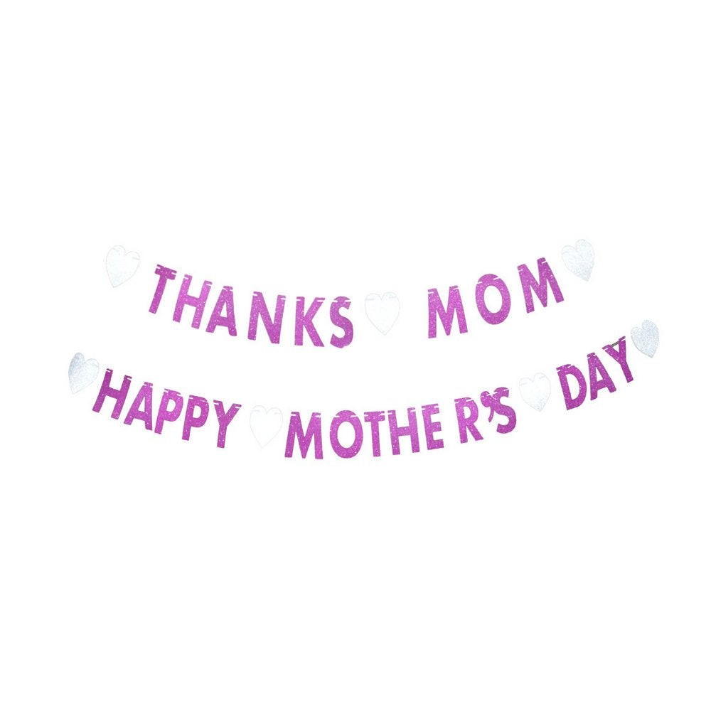 GOER Mother's Day Decorations Happy Mother's Day Thanks Mom Banner Pink Glitter Garland Photo Props