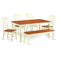 East West Furniture NIQU6-WHI-W 6 Piece Kitchen Table Set Contains a Rectangle Dining Table with Butterfly Leaf and 4 Dining Chairs with a Bench, 36x66 Inch, Buttermilk & Cherry