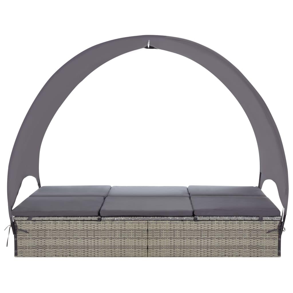 vidaXL - Double Sun Lounger with Adjustable Canopy and Cushions, Poly Rattan, Weather-Resistant, Steel Frame, Gray and Dark Gray, for Patio/Garden/Poolside