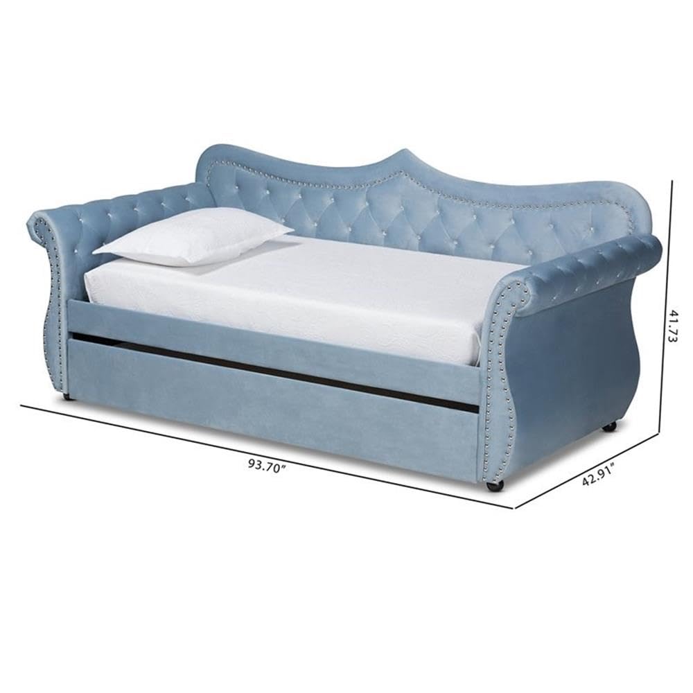 Baxton Studio Abbie Traditional and Transitional Light Blue Velvet Fabric Upholstered and Crystal Tufted Twin Size Daybed with Trundle