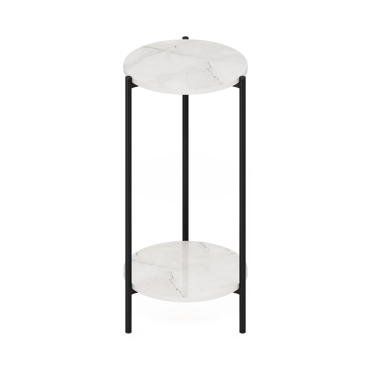 Furinno Besi 2-Tier Modern Tall Round Side End Table With Sturdy Metal Legs, 11.57 (W) X 8.16 (H) X 4.36 (D) Inches, Marble White