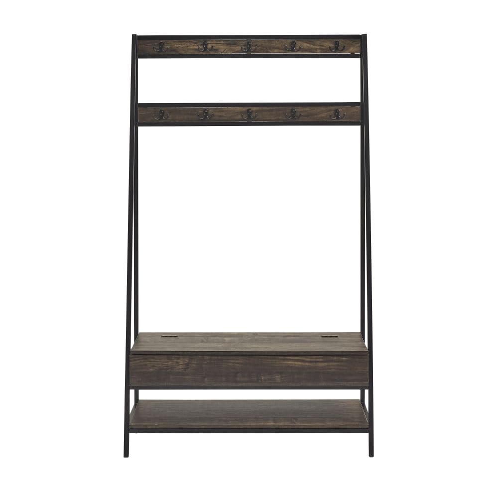 Crosley Furniture Jacobsen Hall Tree with Storage Bench, Shoe Shelf, and Coat Rack Hooks for Hanging, Brown Ash