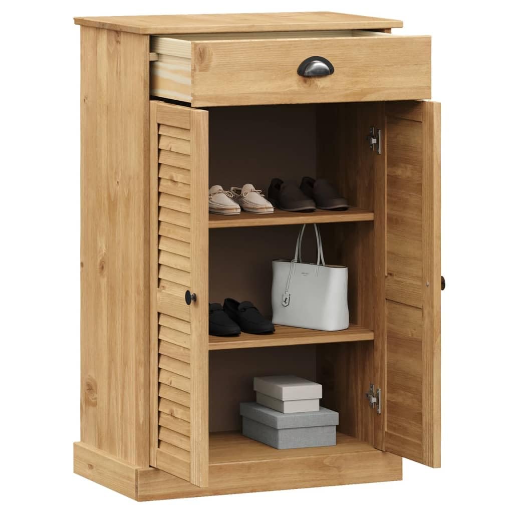 vidaXL VIGO Shoe Cabinet - Solid Wood Pine Shoe Storage with Shutter Door, 2 Shelves, 1 Drawer, Metal Accents, Honey Wax Finish