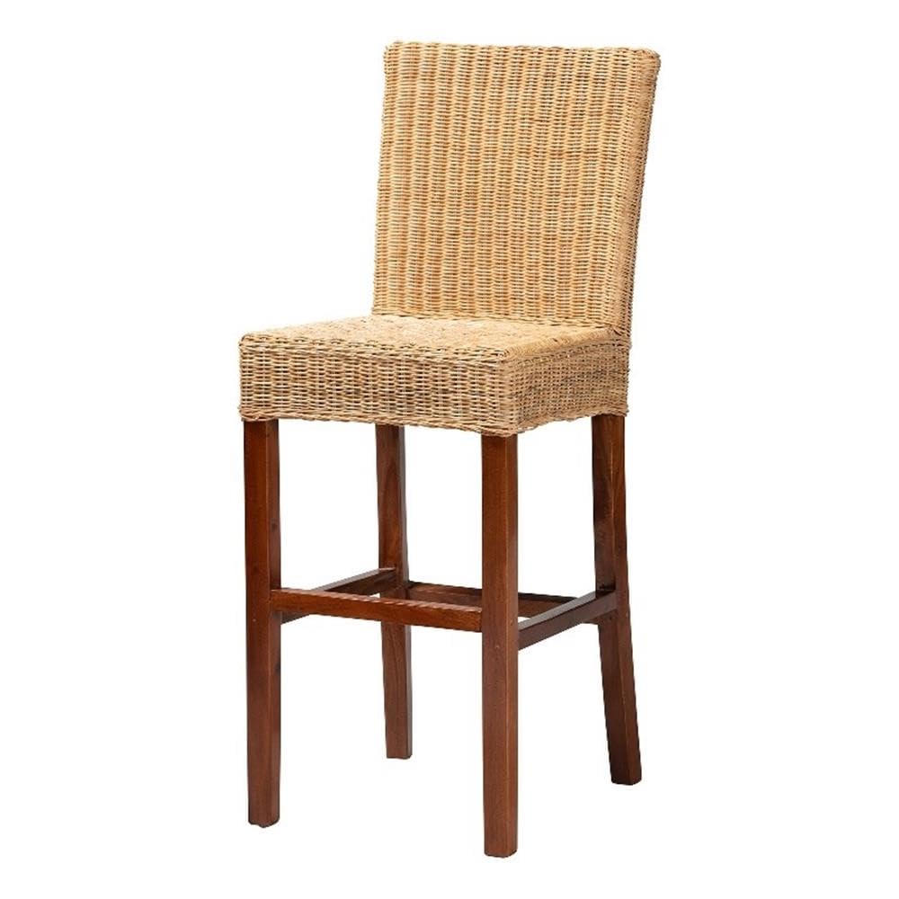 Baxton Studio Racquel Modern Bohemian Natural Rattan and Mahogany Wood Bar Stool