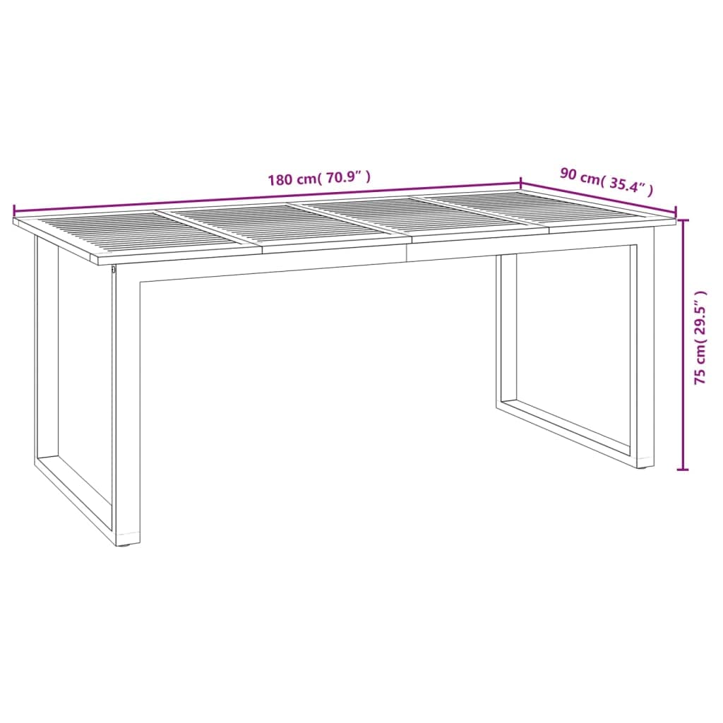 vidaXL Patio Table - Solid Acacia Wood - U-Shaped Metal Legs - Industrial Design - 70.9" x 35.4" - Ideal for Gardens, Patios, Decks, Porches - Outdoor Dining Table