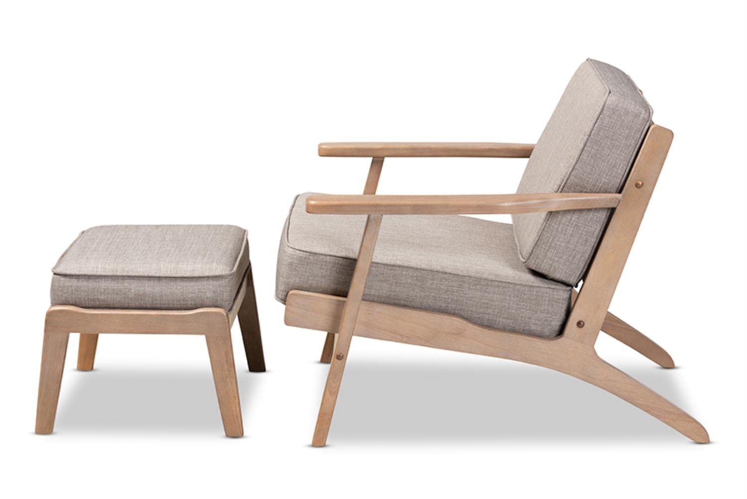 Baxton Studio Sigrid Mid-Century Modern Light Grey Fabric Upholstered Antique Oak Finished 2-Piece Wood Armchair and Ottoman Set