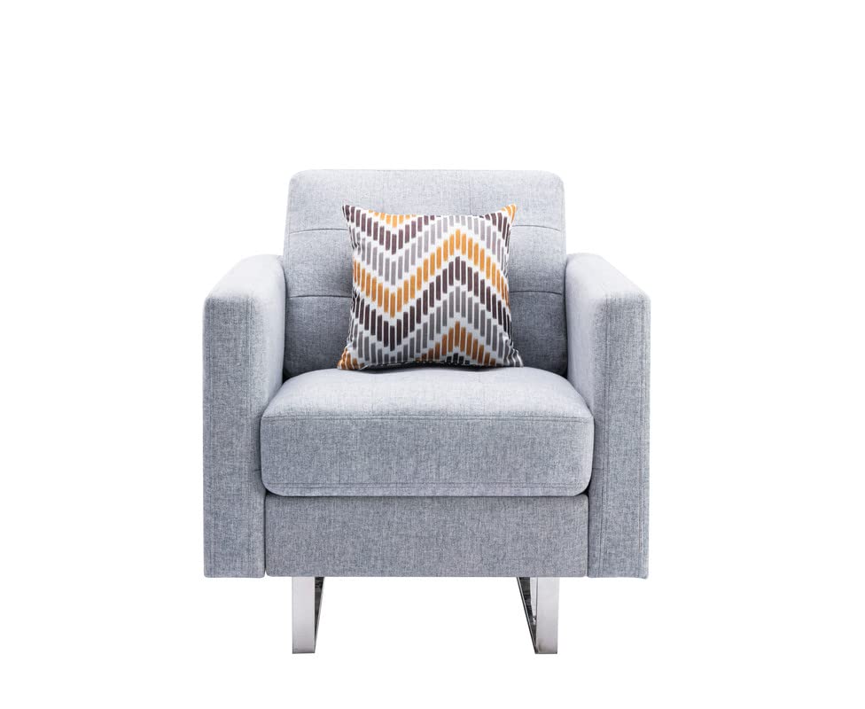 Lilola Home Victoria Light Gray Linen Fabric Armchair with Metal Legs, Side Pockets, and Pillow