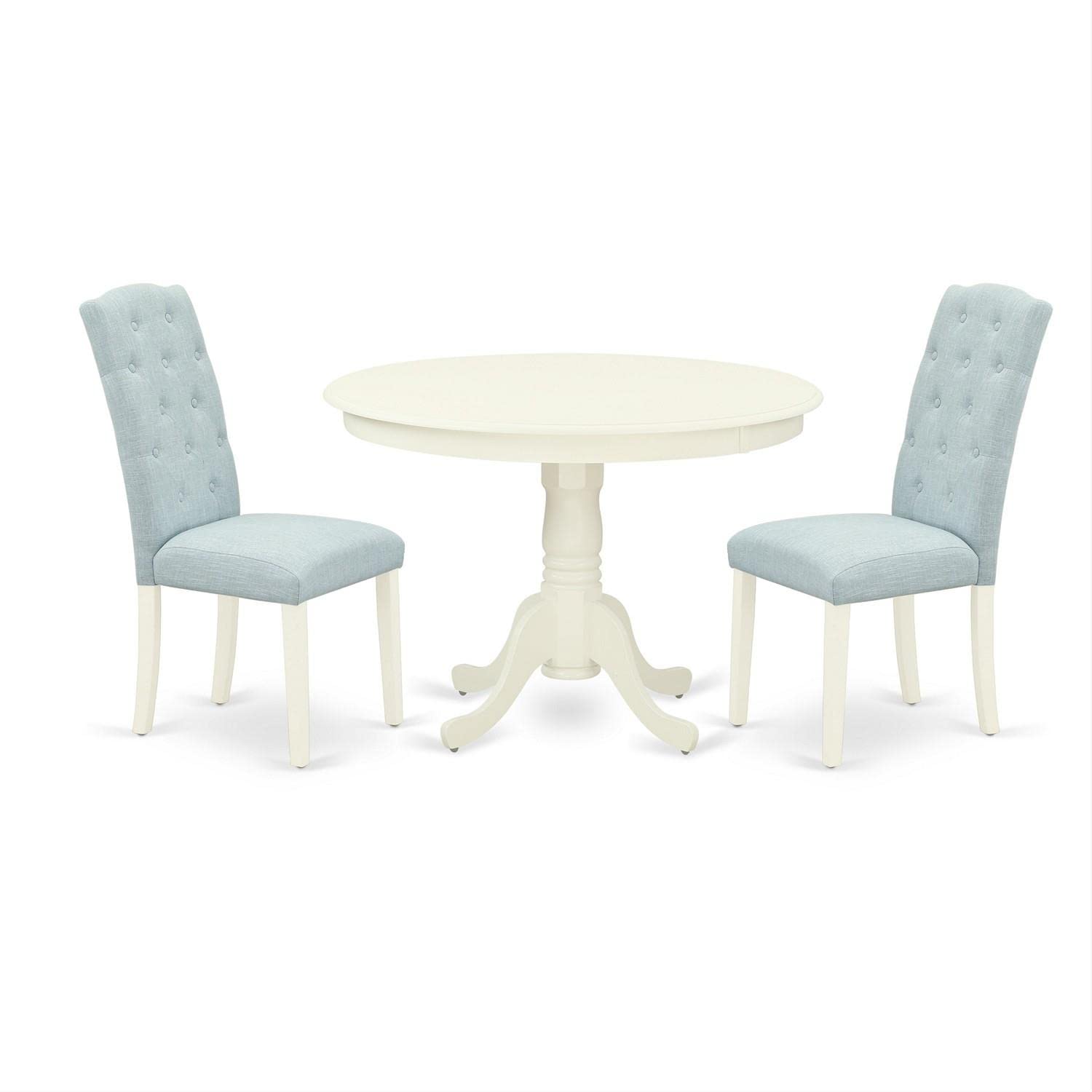 East West Furniture Hlce3-Lwh-15 3 Piece Dining Room Furniture Set Contains A Round Dining Table With Pedestal And 2 Baby Blue Linen Fabric Upholstered Chairs, 42X42 Inch, Linen White
