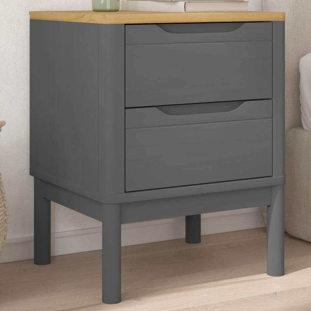 vidaXL Bedside Cabinet Floro Gray - Pine Wood Nightstand - 2 Drawers, 17.7"x15.4"x22.4" End Table, Rectangular Bedside Night Table, Bedroom Decor, Rustic Look