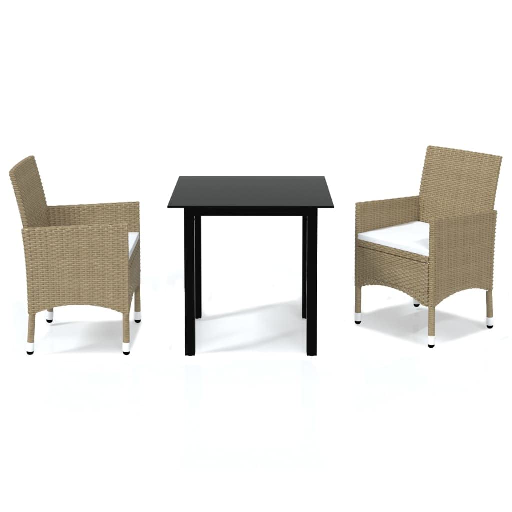 vidaXL Patio Dining Set 3 Piece with Cushions Poly Rattan Beige Garden Chair and Glass Table