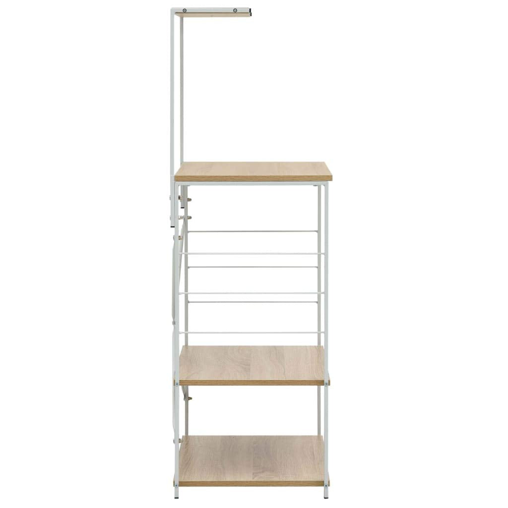 vidaXL Microwave Cabinet in White and Oak - 4-Tier Storage Solution with Side Accessory Hooks, Suitable for Kitchen, Living Room, Office