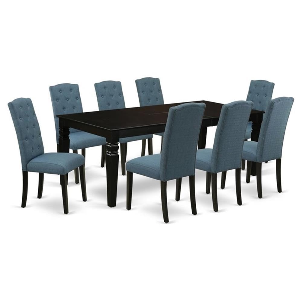 East West Furniture Lgce9-Blk-21 9 Piece Dining Table Set Includes A Rectangle Kitchen Table With Butterfly Leaf And 8 Mineral Blue Linen Fabric Upholstered Chairs, 42X84 Inch, Black