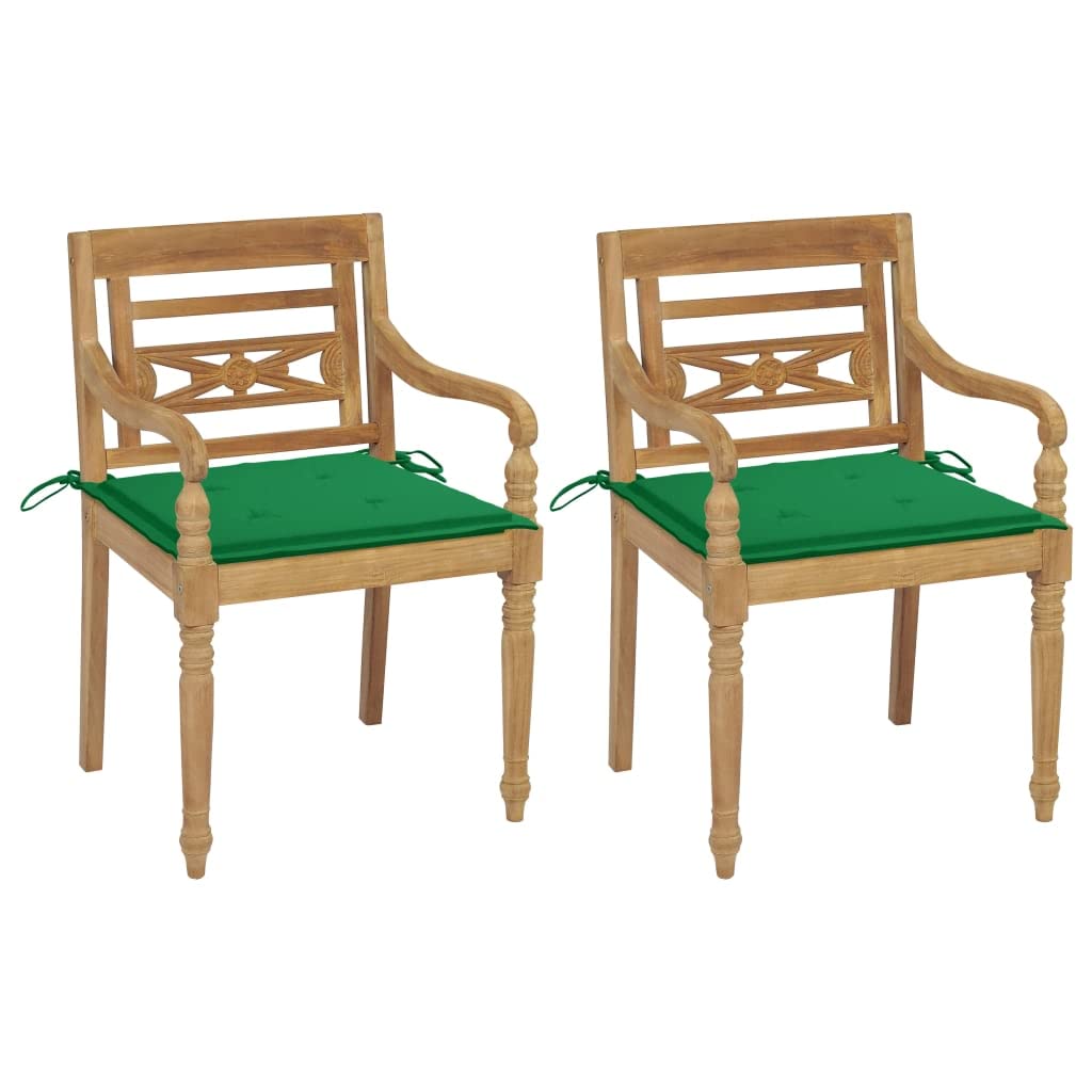 vidaXL Solid Teak Wood Batavia Chairs with Green Cushions - Thumbnail 2