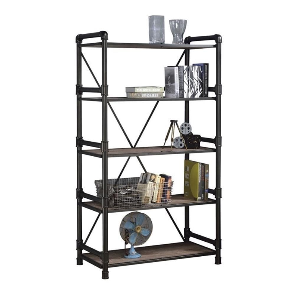 Acme Caitlin 5-Shelf Wooden Bookcase In Rustic Oak And Black