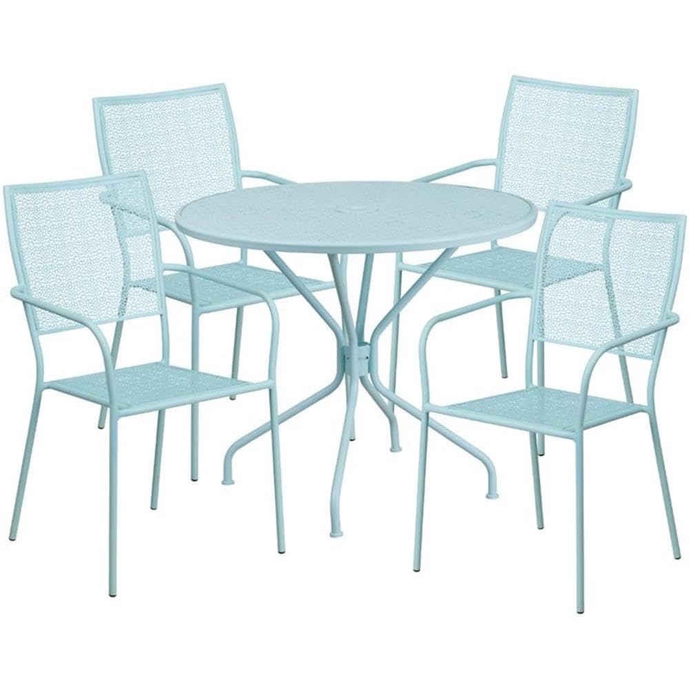 Flash Furniture Oia Commercial Grade 35.25' Round Sky Blue Indoor-Outdoor Steel Patio Table Set With 4 Square Back Chairs