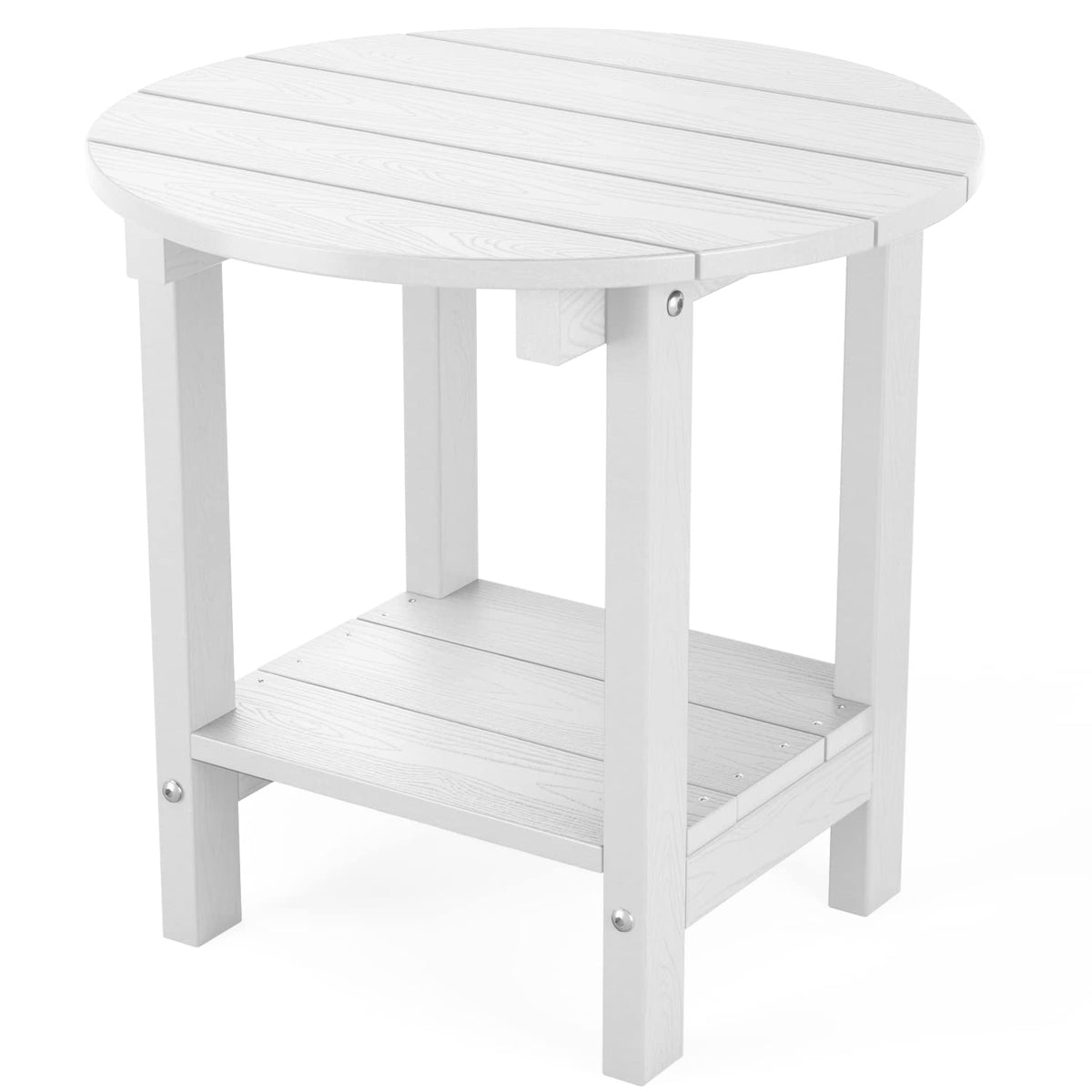 Mximu Round Outdoor Side Table Adirondack Tables 18 Inch Chairside End Tables With Storage Shelf, 2-Tier Plastic Patio Side Table For Balcony Backyard Lawn (White, 1 Pack)