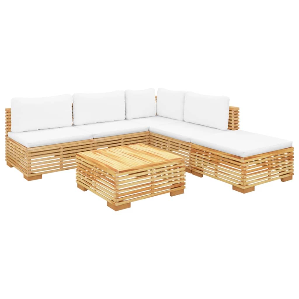 vidaXL 6 Piece Outdoor Lounge Set with Cushions - Solid Teak Wood Patio Ensemble with 1 Corner Sofa, 3 Middle Sofas, 1 Footrest, 1 Table - Easy-to-Assemble Garden and Terrace Furniture