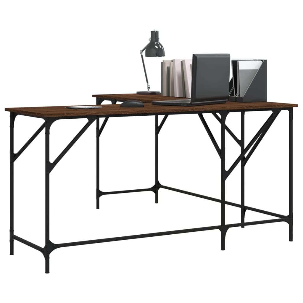 vidaXL Brown Oak Engineered Wood Desk - L-Shaped, Spacious Tabletop, Adjustable Feet, Industrial-Style Metal Frame - Office/Home Use