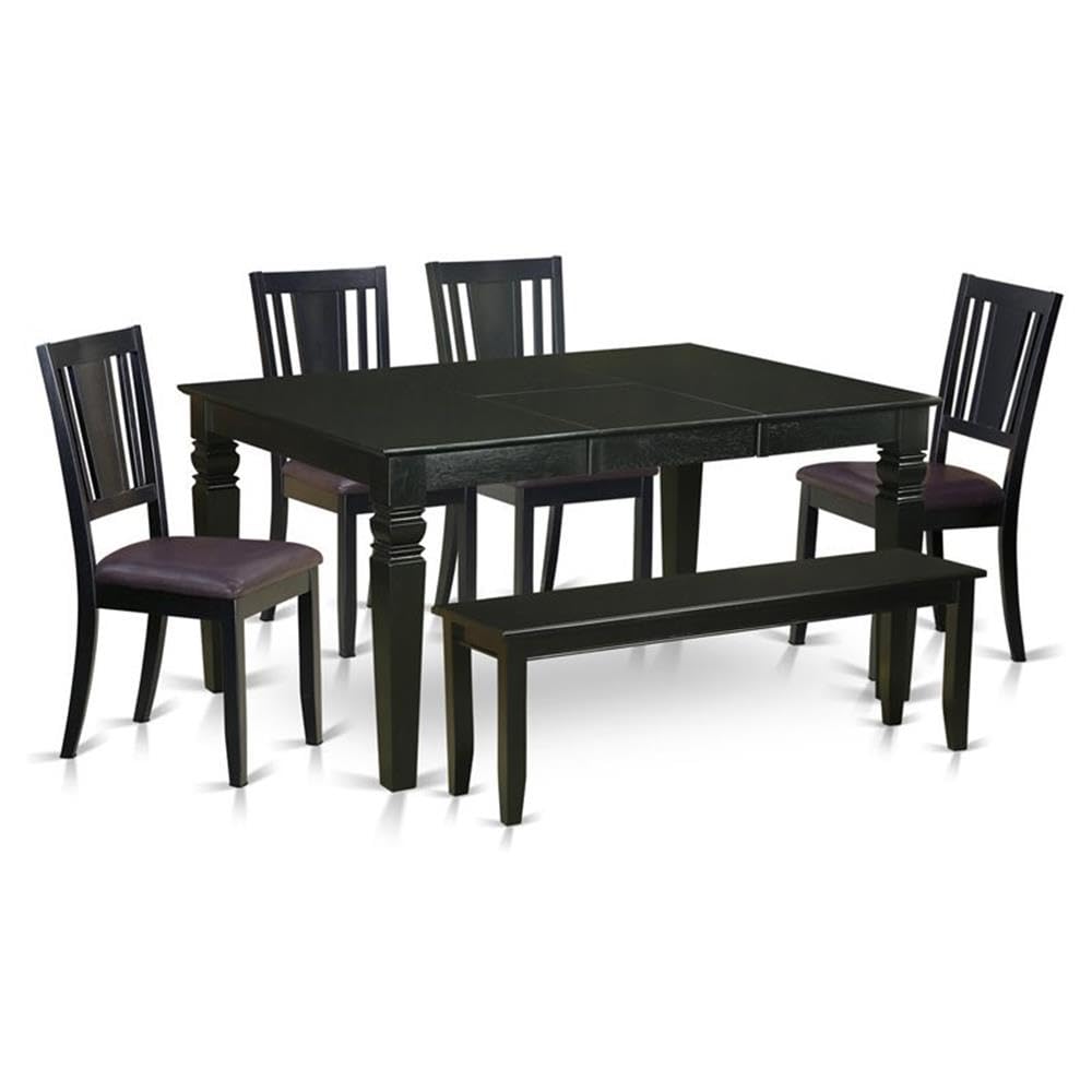 East West Furniture WEDU6D-BLK-LC 6 Piece Dining Set Contains a Rectangle Dining Table with Butterfly Leaf and 4 Faux Leather Kitchen Chairs with a Bench, 42x60 Inch, Black