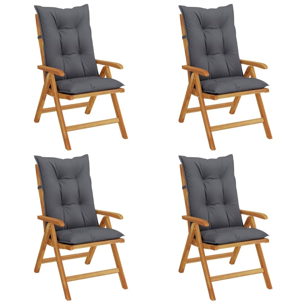 vidaXL Solid Teak Wood Reclining Patio Chairs – Set of 4 Outdoor Garden Seating with Water-Resistant Cushions, Adjustable Backrest, Foldable Design and Anthracite Color.