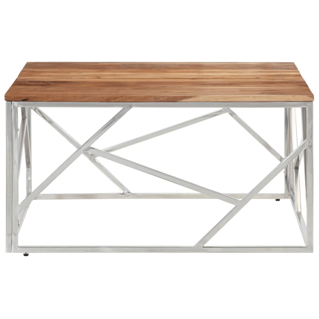vidaXL Square Coffee Table Desk - Acacia Wood & Stainless Steel, 31.5"x31.5"x15.7", Silver Frame, Modern Design, Assembly Required
