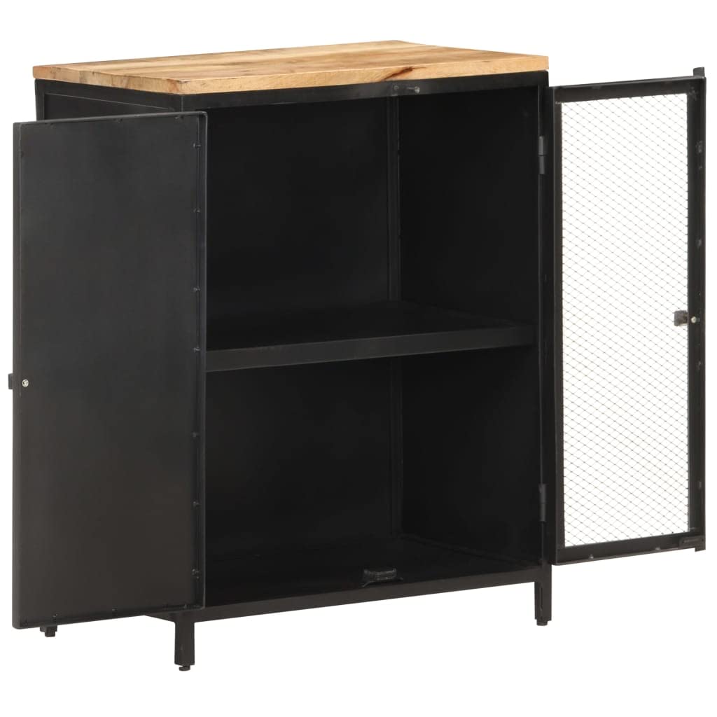vidaXL Solid Rough Mango Wood Sideboard with Natural Finish & Iron Legs, Black | Handy 2 Compartments for Storage | Artistic Hand Mesh Patterns