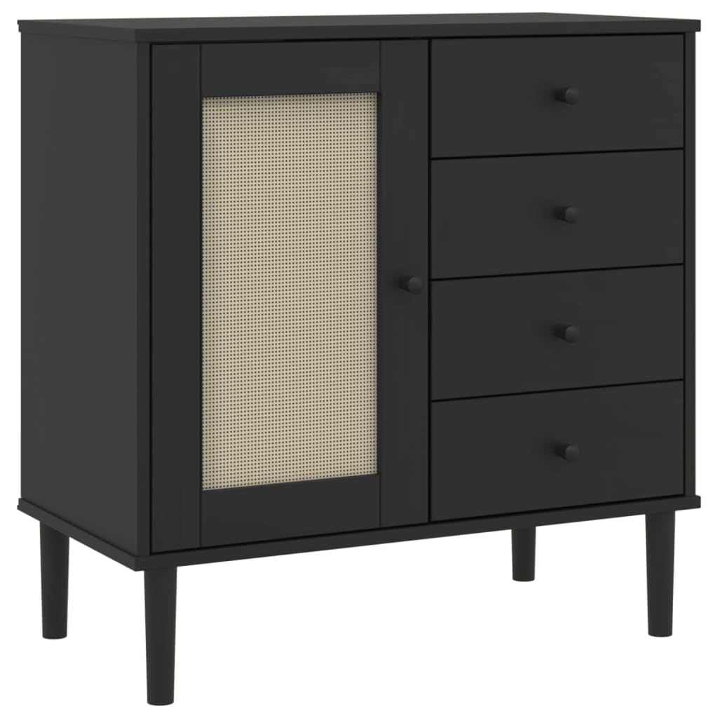 vidaXL SENJA Black Sideboard | Solid Pine Wood UV Varnish Finish | Rattan Look Door | Ample Storage Space | Compact Furniture for Living Room