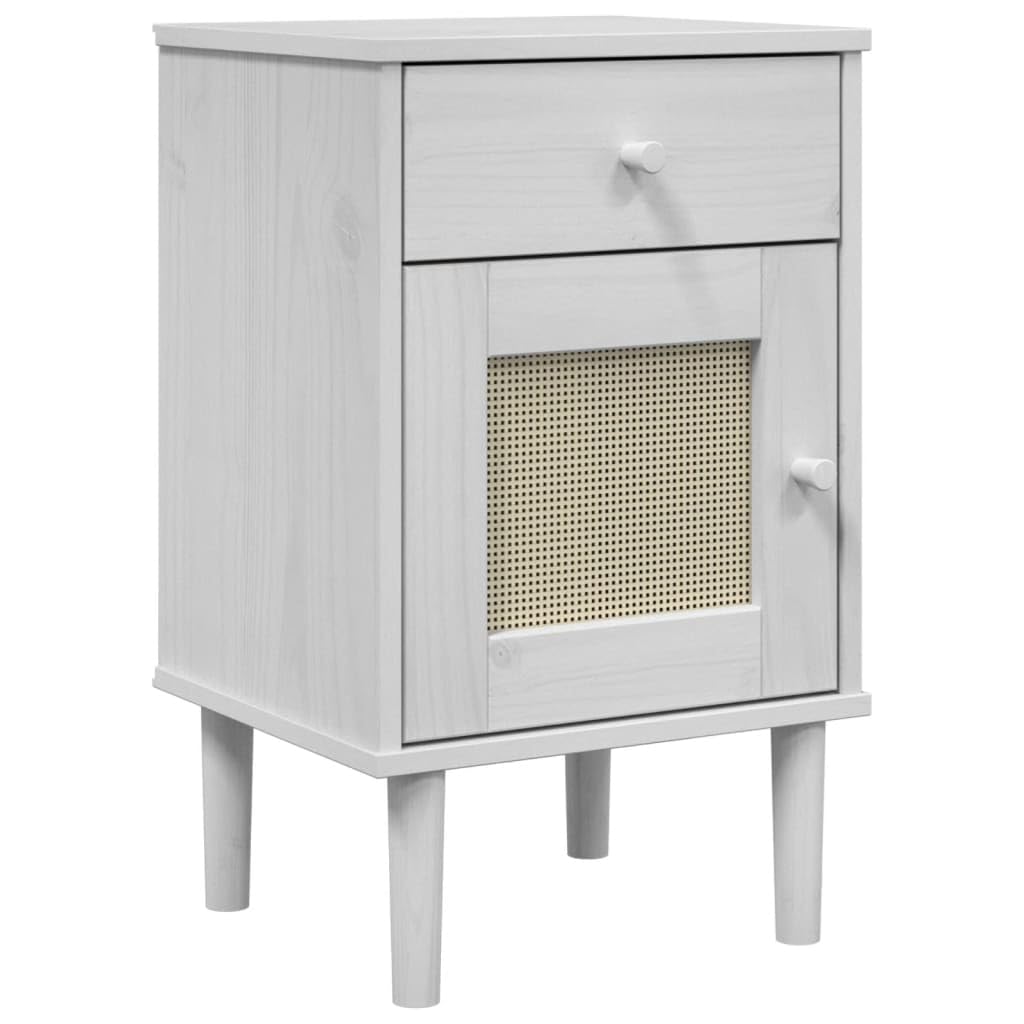 vidaXL SENJA Bedside Cabinet, Rattan Look, Sleek Design, Solid Pine Wood with UV Varnish, Practical Storage, White 15.7&quot;x13.8&quot;x25.6&quot; for Bedroom, Living Room