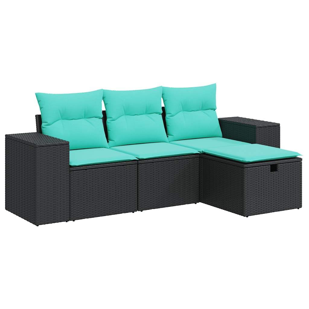 vidaXL 4 Piece Black Patio Sofa Set with Storage/Blue Cushions - Outdoor Garden Furniture in pe Rattan and Steel Frame for Backyard, Terrace or Patio