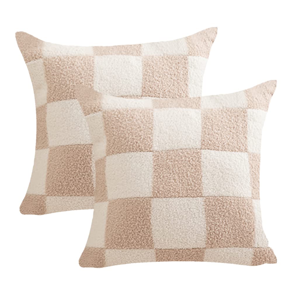 Niditw Set Of 2 Ultra Soft Khaki Checkerboard Throw Pillow Cover Microfiber Chessboard Gingham Cushion Case Cozy Fuzzy Checkered
